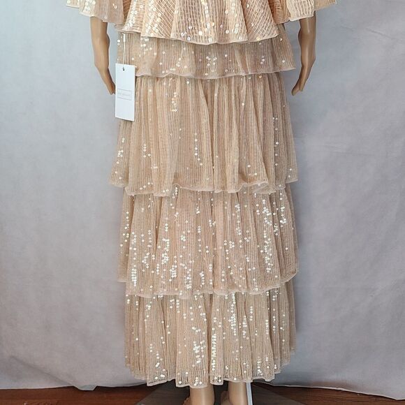 New Mac Duggal Women's (4) Beige 3/4 Sleeve Sequined Ruffle Tiered 2 Piece Gown - Picture 7 of 12